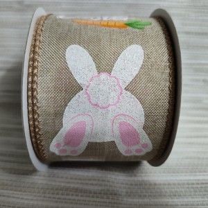 Wired Ribbon 2.5" x 20' Happy Easter Tan White Bunny Butt Bum Tail w Glitter